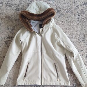 Marmot Cream Hooded Softshell Jacket with Brown Faux-Fur Trim